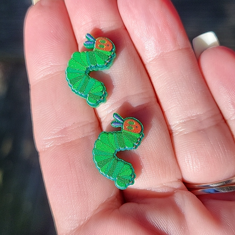 The Very Hungry Caterpillar Stud Earrings, handmade - Picture 4 of 7